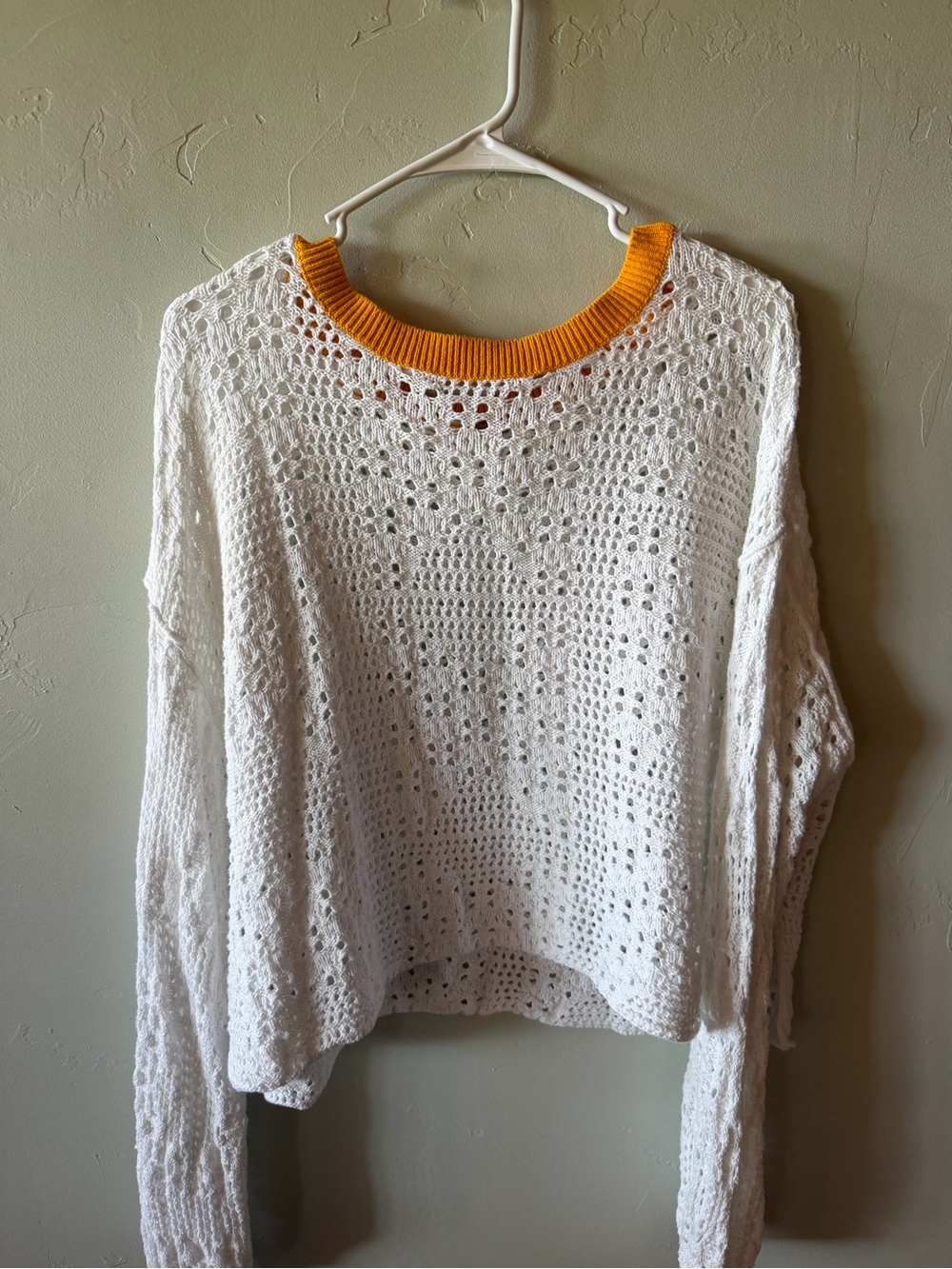 Open Knit White Sweater with Yellow Ribbed Neck